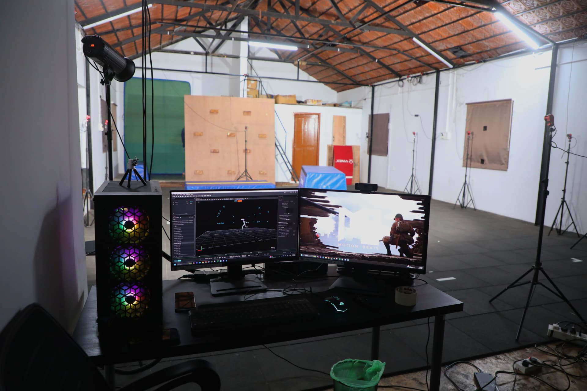 Workstation and mocap stage inside the studio
